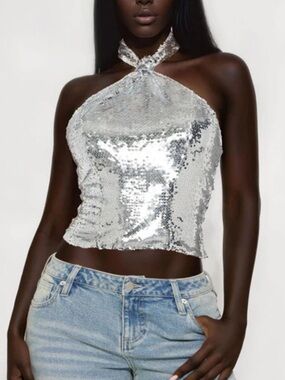 Silver Sequin Halter Top